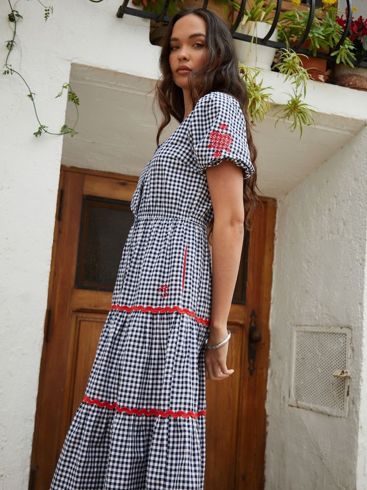Another Sunday Navy Gingham Button Through V-Neck Puff Sleeve Tiered 100% Cotton Midi Dress - Image 4 of 5