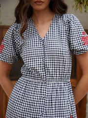 Another Sunday Navy Gingham Button Through V-Neck Puff Sleeve Tiered 100% Cotton Midi Dress - Image 5 of 5