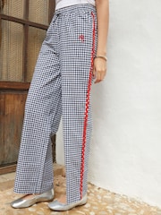 Another Sunday Navy Gingham 100% Cotton Elasticated Waist Ric Rac Wide Leg Trousers - Image 1 of 5