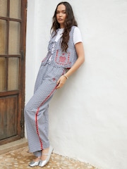 Another Sunday Navy Gingham 100% Cotton Elasticated Waist Ric Rac Wide Leg Trousers - Image 2 of 5