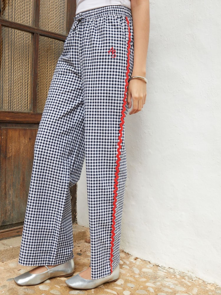 Another Sunday Navy Gingham 100% Cotton Elasticated Waist Ric Rac Wide Leg Trousers - Image 2 of 5