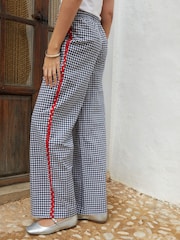 Another Sunday Navy Gingham 100% Cotton Elasticated Waist Ric Rac Wide Leg Trousers - Image 3 of 5