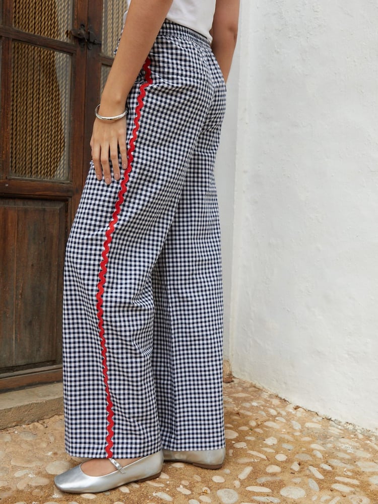Another Sunday Navy Gingham 100% Cotton Elasticated Waist Ric Rac Wide Leg Trousers - Image 3 of 5