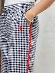 Another Sunday Navy Gingham 100% Cotton Elasticated Waist Ric Rac Wide Leg Trousers - Image 4 of 5