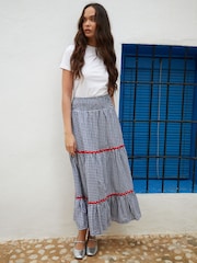 Another Sunday Navy Gingham Pull On Tiered 100% Cotton Midi Skirt - Image 1 of 5