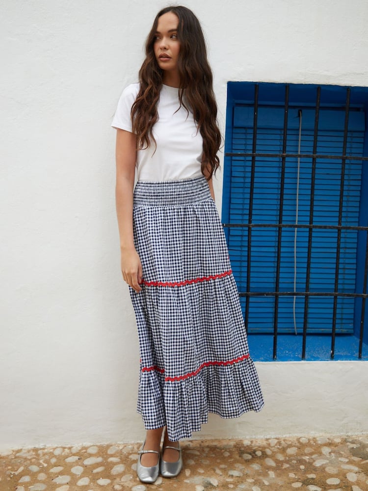 Another Sunday Navy Gingham Pull On Tiered 100% Cotton Midi Skirt - Image 1 of 5