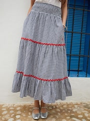 Another Sunday Navy Gingham Pull On Tiered 100% Cotton Midi Skirt - Image 2 of 5