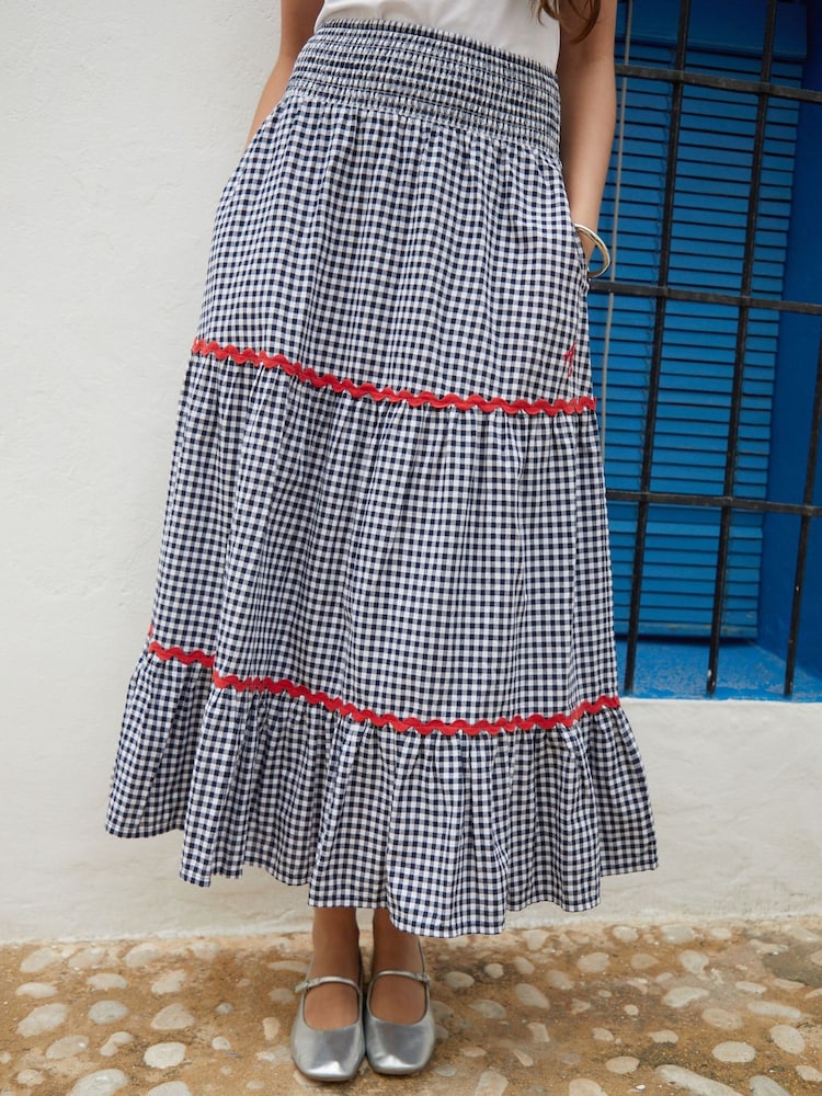 Another Sunday Navy Gingham Pull On Tiered 100% Cotton Midi Skirt - Image 2 of 5 Another Sunday Navy Gingham Pull On Tiered 100% Cotton Midi Skirt - Image 2 of 5