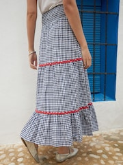 Another Sunday Navy Gingham Pull On Tiered 100% Cotton Midi Skirt - Image 3 of 5