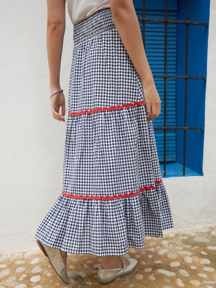 Another Sunday Navy Gingham Pull On Tiered 100% Cotton Midi Skirt - Image 3 of 5