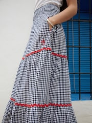 Another Sunday Navy Gingham Pull On Tiered 100% Cotton Midi Skirt - Image 4 of 5