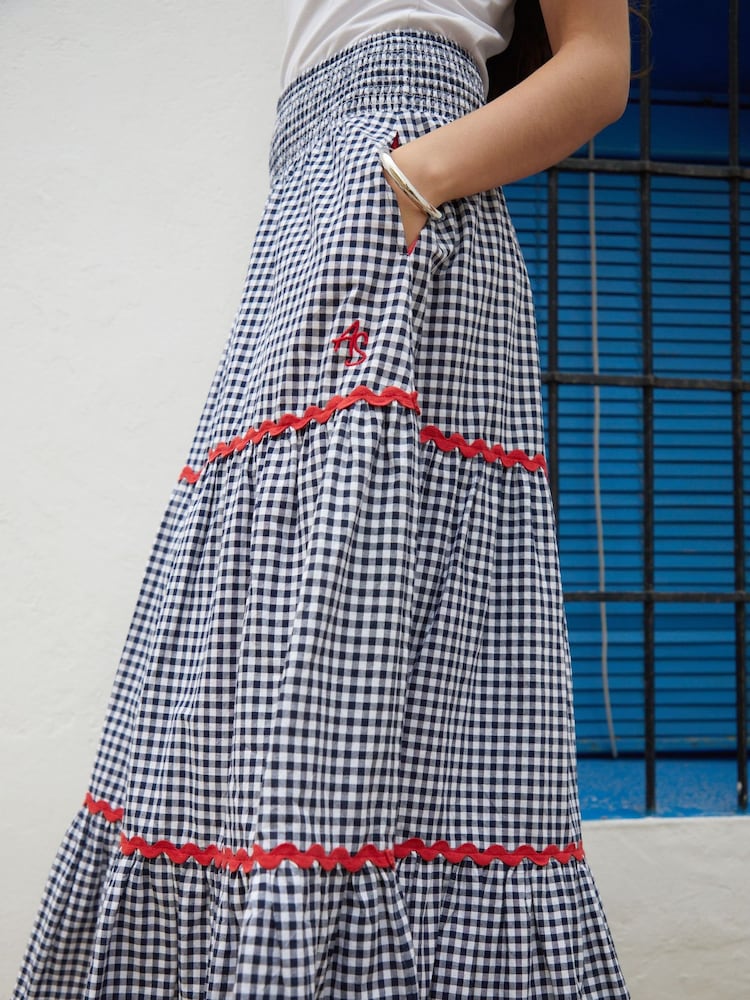 Another Sunday Navy Gingham Pull On Tiered 100% Cotton Midi Skirt - Image 4 of 5