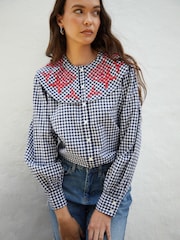 Another Sunday Navy Gingham Oversized Button Through Embroidered Collared 100% Cotton Blouse - Image 1 of 4