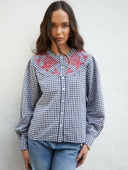 Another Sunday Navy Gingham Oversized Button Through Embroidered Collared 100% Cotton Blouse - Image 2 of 4