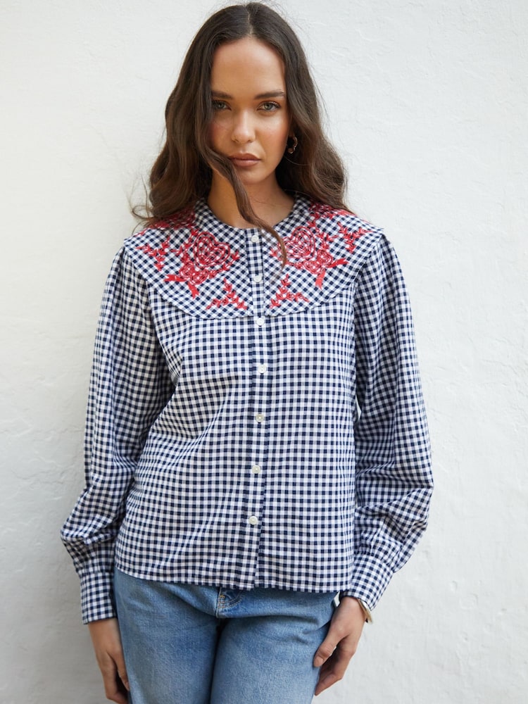 Another Sunday Navy Gingham Oversized Button Through Embroidered Collared 100% Cotton Blouse - Image 2 of 4