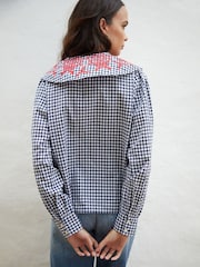 Another Sunday Navy Gingham Oversized Button Through Embroidered Collared 100% Cotton Blouse - Image 3 of 4