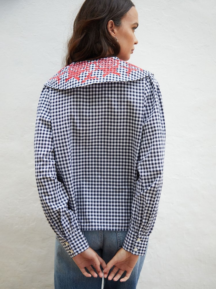 Another Sunday Navy Gingham Button Through Oversized Collared 100% Cotton Blouse with Contrast Embroidery - Image 3 of 4