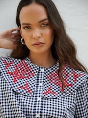 Another Sunday Navy Gingham Oversized Button Through Embroidered Collared 100% Cotton Blouse - Image 4 of 4