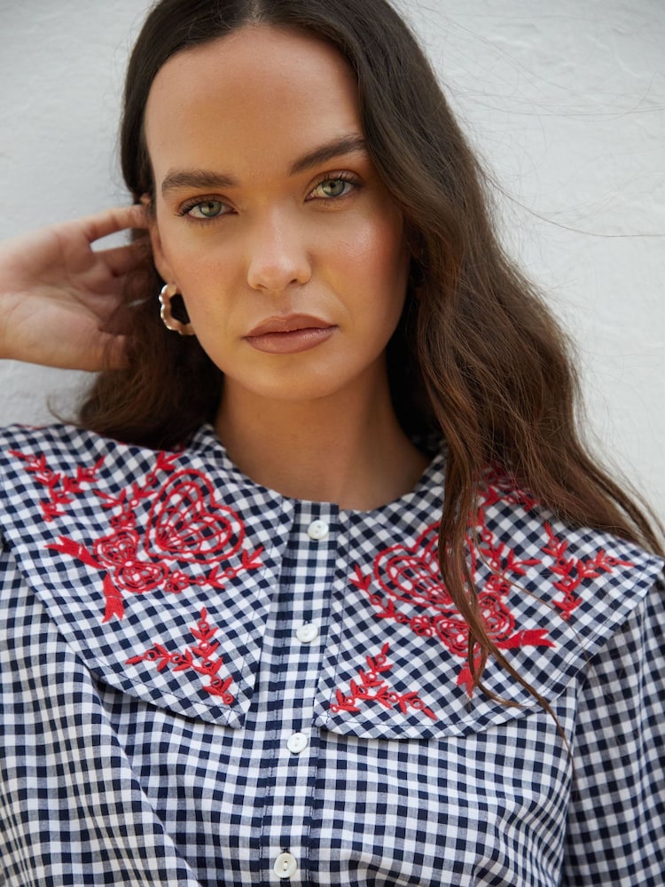 Another Sunday Navy Gingham Oversized Button Through Embroidered Collared 100% Cotton Blouse - Image 4 of 4