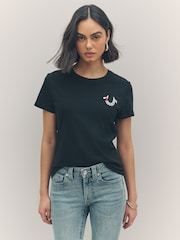 True Religion Jet Black 100% Cotton Embroidered Horseshoe Short Sleeve Crew T-Shirt - Image 1 of 4
