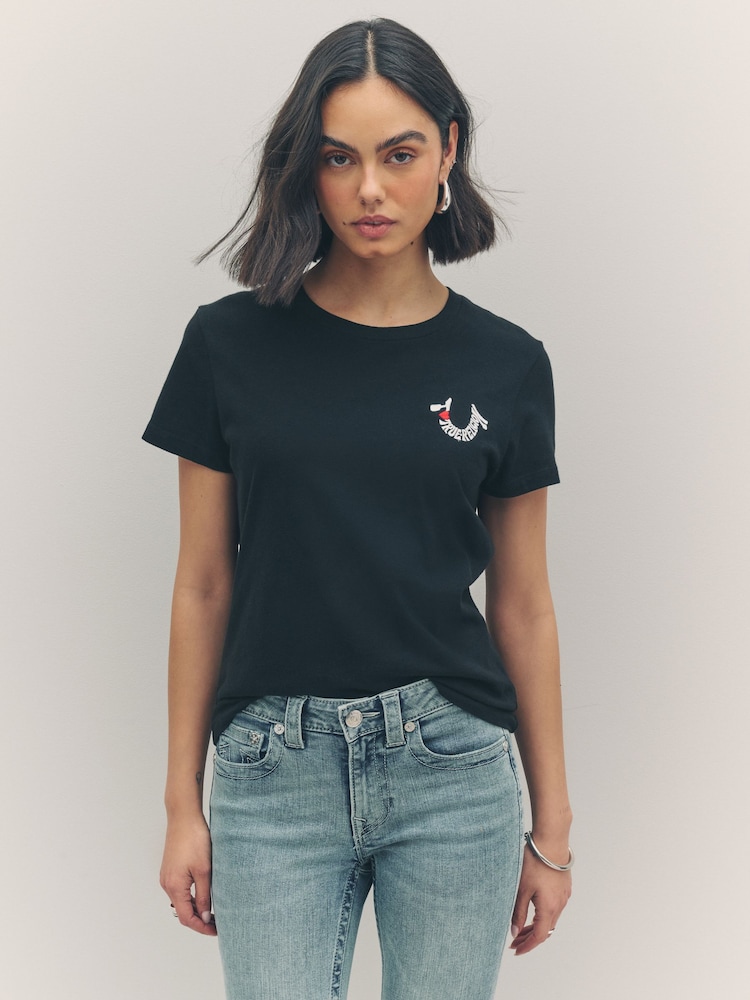 True Religion Jet Black 100% Cotton Embroidered Horseshoe Short Sleeve Crew T-Shirt - Image 1 of 4 True Religion Jet Black 100% Cotton Embroidered Horseshoe Short Sleeve Crew T-Shirt - Image 1 of 4
