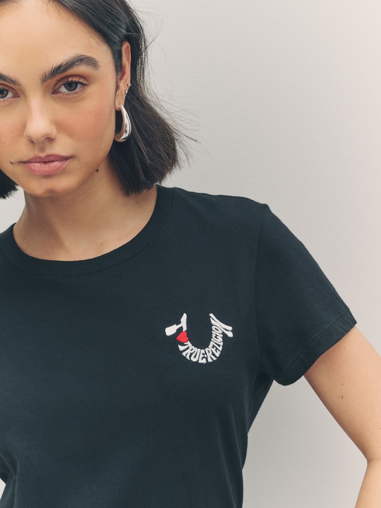 True Religion Jet Black 100% Cotton Embroidered Horseshoe Short Sleeve Crew T-Shirt - Image 4 of 4 True Religion Jet Black 100% Cotton Embroidered Horseshoe Short Sleeve Crew T-Shirt - Image 4 of 4