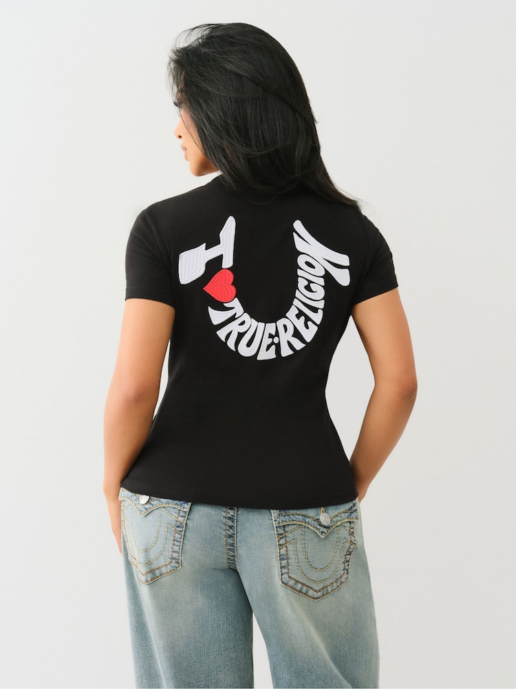 True Religion Jet Black 100% Cotton Embroidered Horseshoe Short Sleeve Crew T-Shirt - Image 5 of 5 True Religion Jet Black 100% Cotton Embroidered Horseshoe Short Sleeve Crew T-Shirt - Image 5 of 5