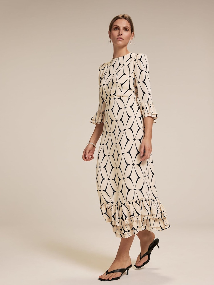 Mint Velvet Cream Geometric Print Ruffle Midi Dress - Image 1 of 9 Mint Velvet Cream Geometric Print Ruffle Midi Dress - Image 1 of 9