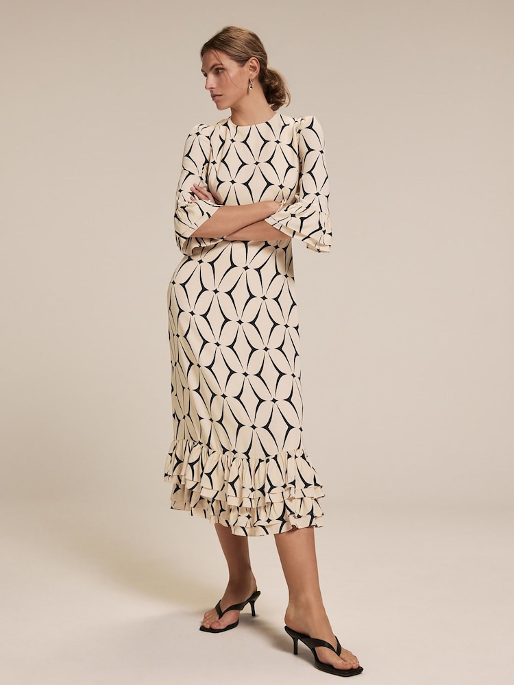 Mint Velvet Cream Geometric Print Ruffle Midi Dress - Image 2 of 9 Mint Velvet Cream Geometric Print Ruffle Midi Dress - Image 2 of 9