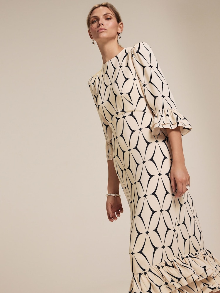 Mint Velvet Cream Geometric Print Ruffle Midi Dress - Image 3 of 9