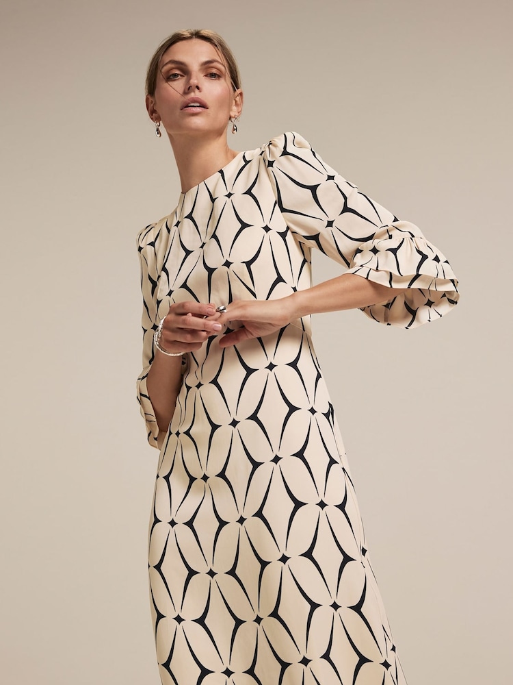 Mint Velvet Cream Geometric Print Ruffle Midi Dress - Image 4 of 9
