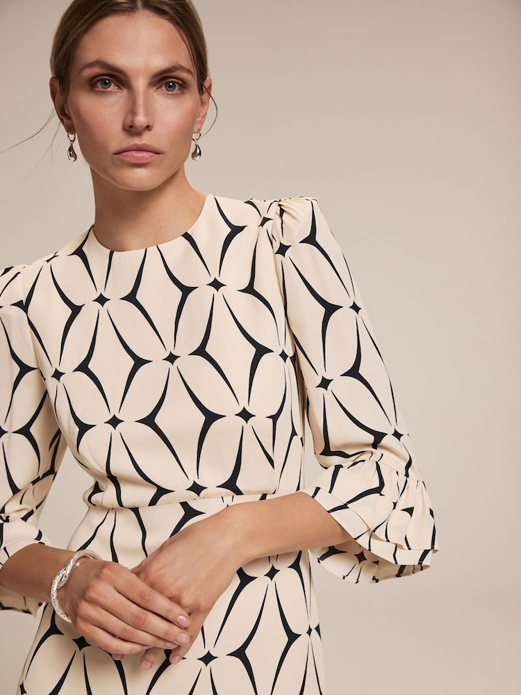 Mint Velvet Cream Geometric Print Ruffle Midi Dress - Image 5 of 9