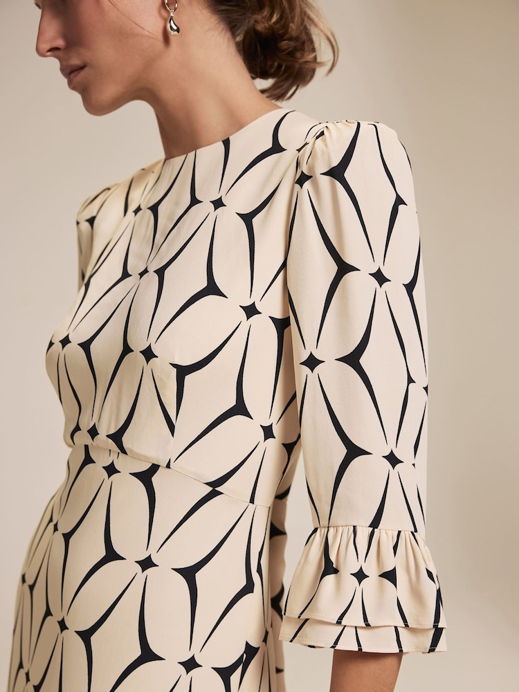 Mint Velvet Cream Geometric Print Ruffle Midi Dress - Image 6 of 9