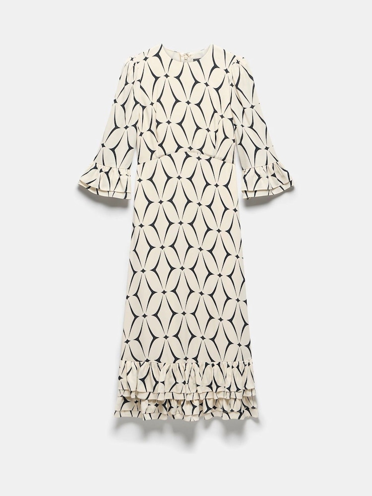 Mint Velvet Cream Geometric Print Ruffle Midi Dress - Image 7 of 9