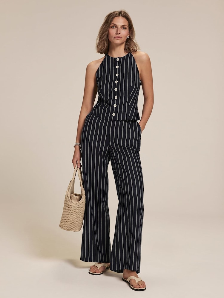 Mint Velvet Blue 100% Linen Striped Wide Trousers - Image 1 of 7
