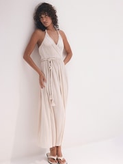 Mint Velvet Cream Plisse Metallic Midi Dress - Image 1 of 7