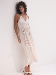 Mint Velvet Cream Plisse Metallic Midi Dress - Image 2 of 7