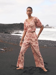 Mint Velvet Red Floral Print Wide 100% Cotton Trousers - Image 1 of 7