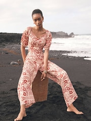 Mint Velvet Red Floral Print Wide 100% Cotton Trousers - Image 3 of 7