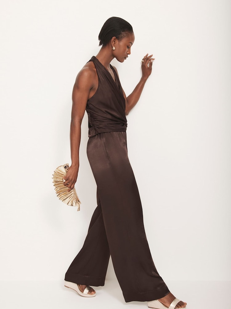 Mint Velvet Brown Satin Wide Trousers - Image 2 of 8 Mint Velvet Brown Satin Wide Trousers - Image 2 of 8
