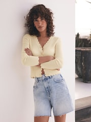 Mint Velvet Yellow Scallop Trim Ribbed Cardigan - Image 1 of 7