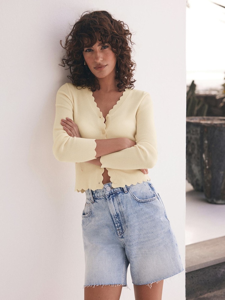 Mint Velvet Yellow Scallop Trim Ribbed Cardigan - Image 1 of 7