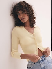 Mint Velvet Yellow Scallop Trim Ribbed Cardigan - Image 2 of 7