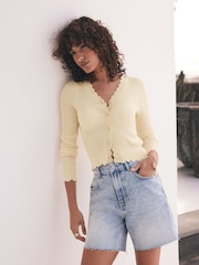 Mint Velvet Yellow Scallop Trim Ribbed Cardigan - Image 3 of 7