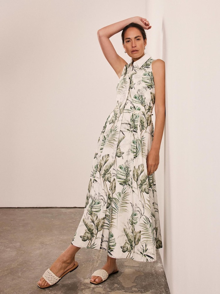 Mint Velvet Green Palm Print 100% Cotton Midi Shirt Dress - Image 1 of 8
