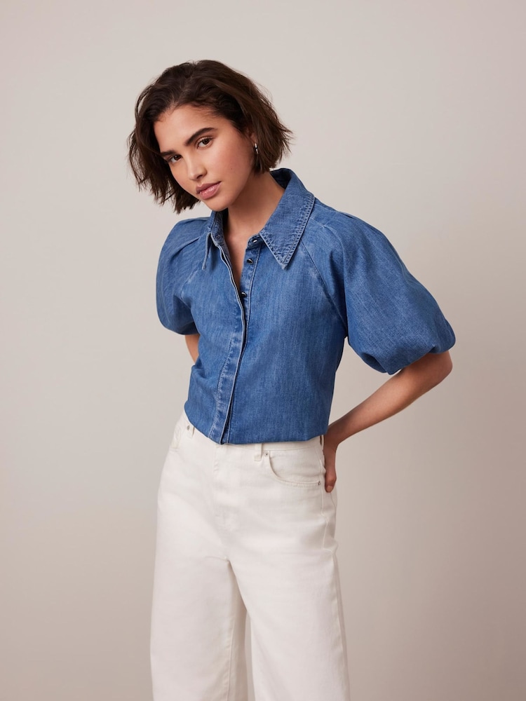 Mint Velvet Blue 100% Cotton Denim Puff Sleeve Shirt - Image 1 of 8