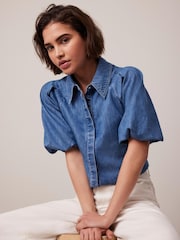 Mint Velvet Blue 100% Cotton Denim Puff Sleeve Shirt - Image 2 of 8