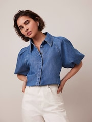 Mint Velvet Blue 100% Cotton Denim Puff Sleeve Shirt - Image 3 of 8