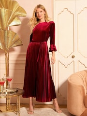 Love & Roses Red Velvet Flute Sleeve Midi Dress - Image 1 of 5