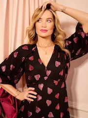 Love & Roses Black Heart Petite Puff Sleeve Midi Dress - Image 2 of 4